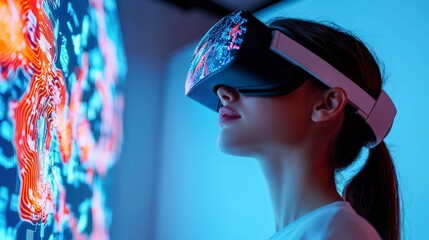 Obraz premium Woman Experiencing Immersive VR Futuristic Tech Digital Interface