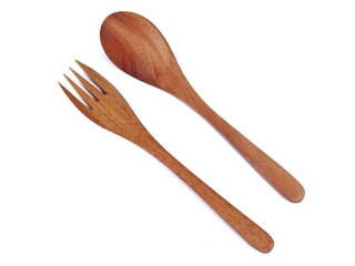 set of a wooden spoon and fork isolated on a white background
