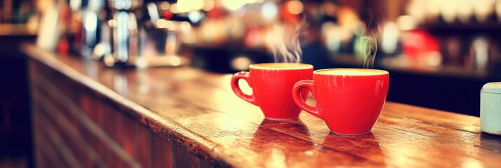 Two steaming red coffee cups on a wooden bar