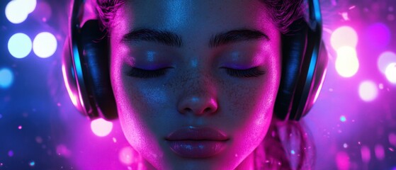 Serene young woman with headphones immersed in vibrant neon lights, eyes closed, enjoying music in a dreamy, futuristic atmosphere Concept of relaxation, technology, and sound