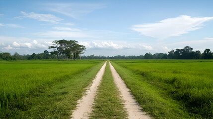 Obraz premium Dirt Road Through Vibrant Green Field Under Blue Sky and Sunlight in Rural Landscape