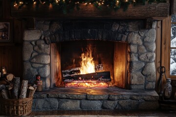 Cozy winter evening by the crackling fireplace in a rustic mountain cabin retreat