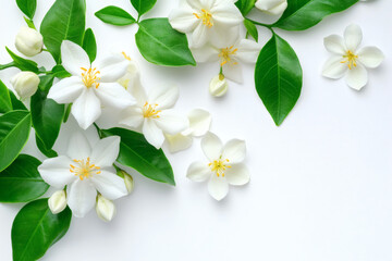 Obraz premium Elegant White Flowers Blossom Fresh and Beauty With Green Leaves With Flat Lay Top View on Clean Background