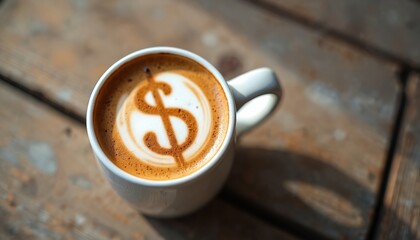 Latte art coffee cup with dollar sign. Hot drink beverage with money symbol, business, finance and investment concept. Morning breakfast espresso mocha cappuccino.