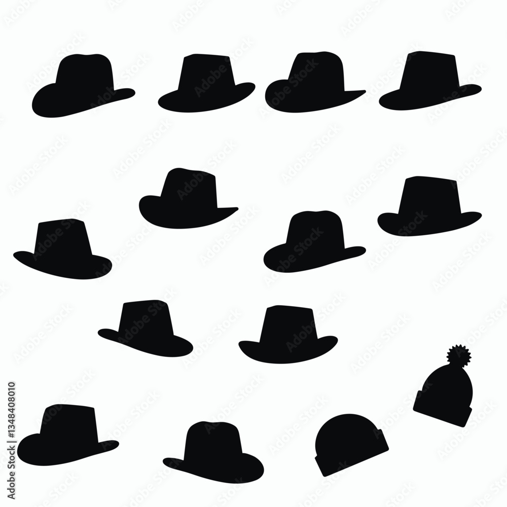 Aufkleber silhouette assortment of fourteen assorted hats in different styles with diverse shapes and sizes on
