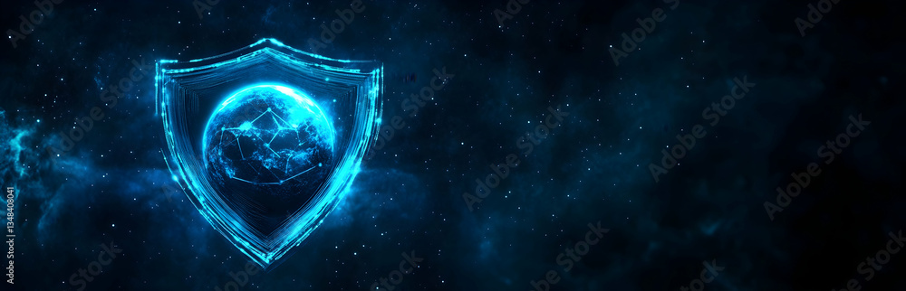 Wall mural cybersecurity and data protection concept with a digital shield symbol on a blue technology backgrou