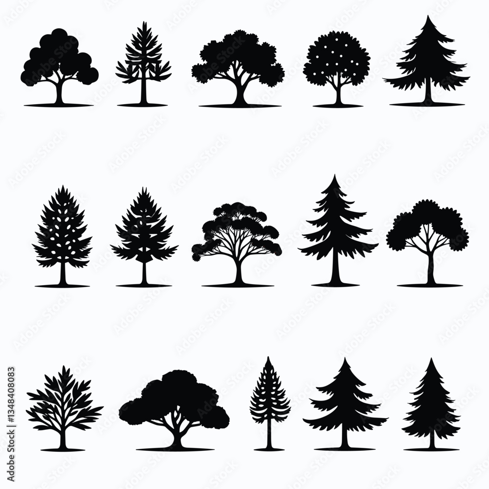 Poster stylized tree silhouettes showcase forest diversity in vector art, providing a range of arboreal for