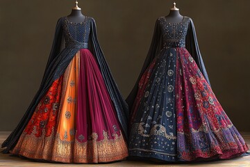 Two elegant gowns with detailed embroidery and color block skirts on mannequins