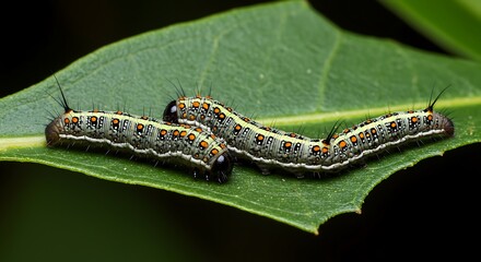 Three Caterpillars Crawling on Green Leaf Close Up