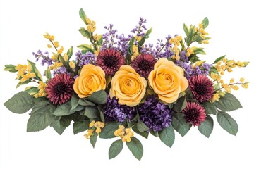 Elegant floral arrangement with yellow roses, purple flowers, and green leaves on white background.