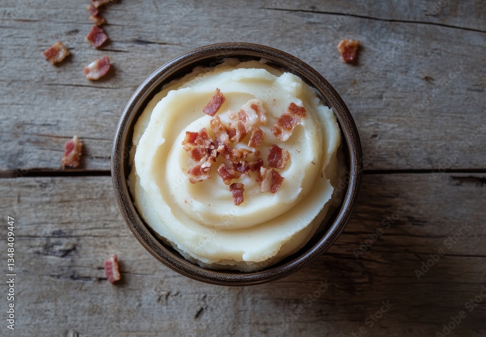 Poster Creamy Mashed Potatoes Topped with Crispy Bacon Bits in a Rustic Wooden Bowl on a Weathered Table Surface