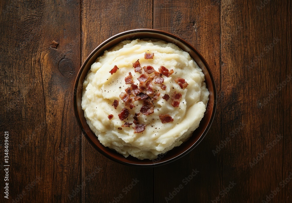 Poster creamy mashed potatoes topped with crispy bacon bits served in a rustic bowl on a wooden table surfa