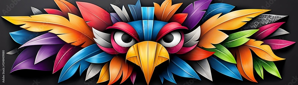 Poster colorful abstract bird with vibrant feather patterns, featuring bold colors and an intense expressio