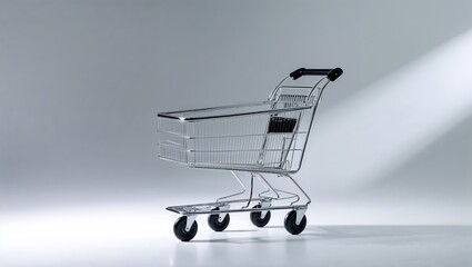 Shopping cart stands in a lit studio against a gray background emphasizing its design and functionality