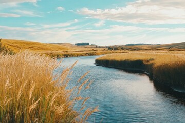 A serene river winding through golden grasslands under a bright blue sky in late afternoon light