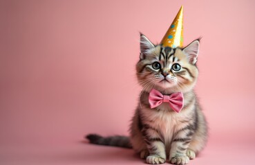 Cute Persian kitten wearing party cone hat and pink bow tie isolated on solid pastel pink background. Birthday party invitation, advert banner, funny animal portrait, carnival outfit, copy space.
