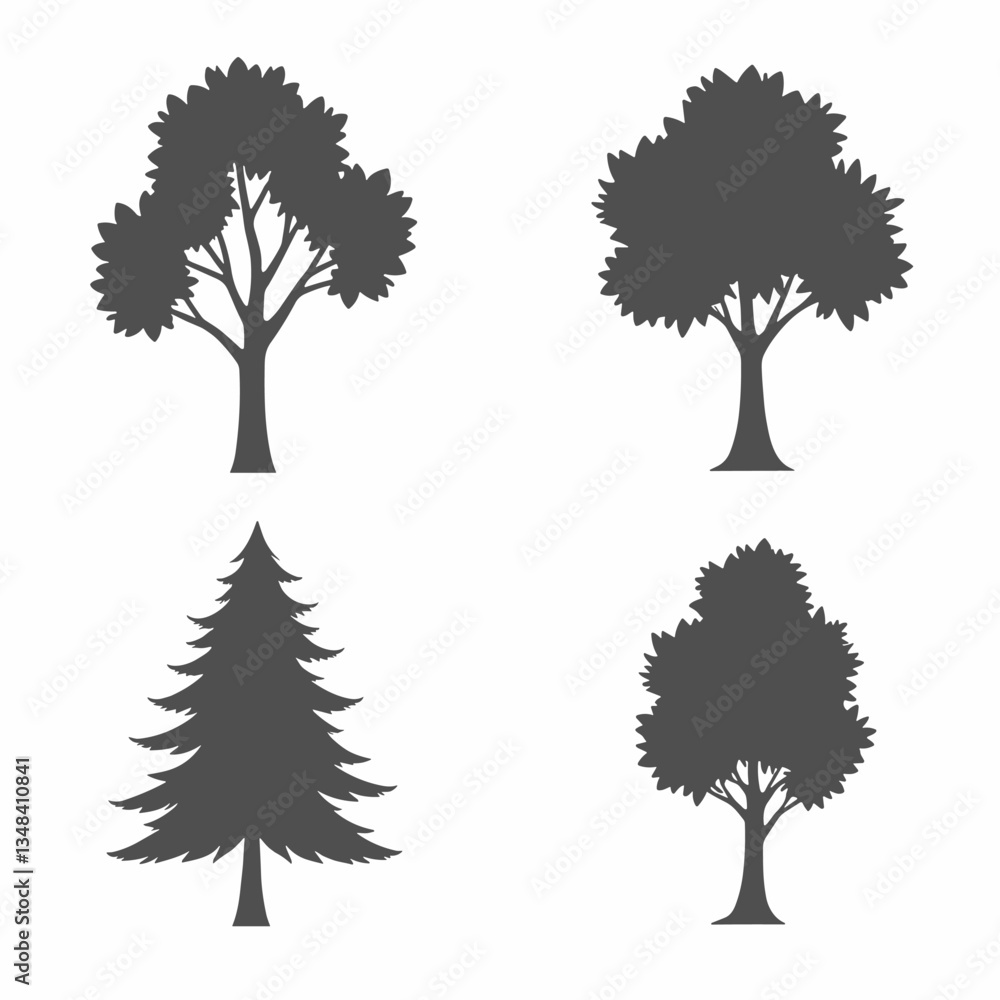 Poster silhouette vector art of a variety of different kinds of trees. a coniferous tree and deciduous tree