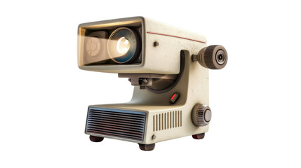 Vintage movie projector shining light on transparent background