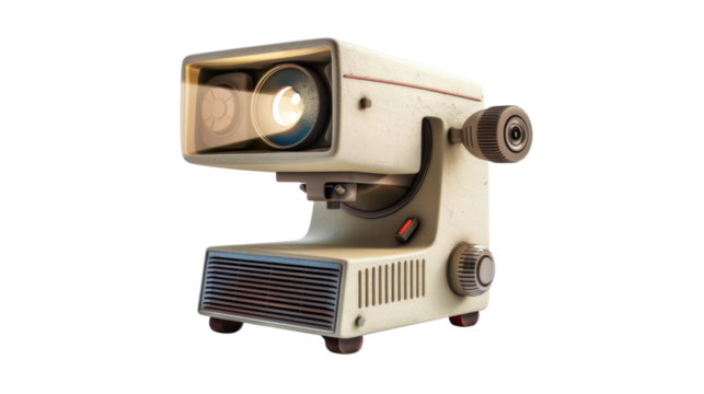 Vintage movie projector shining light on transparent background