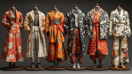 Varied clothing, colorful floral and geometric patterns, presented on stands