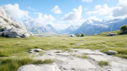 Fototapeta premium Lush meadow stretches beneath a majestic mountain range, bathed in sunlight. A tranquil, idyllic scene