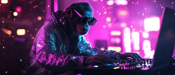 Cool chimpanzee DJ wearing sunglasses and headphones mixing music at a nightclub with vibrant neon lights, creating a fun and energetic atmosphere