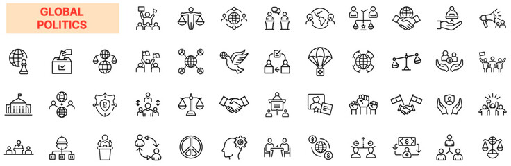 Global Politics Icon Set – International Relations, Government Policies, Diplomacy, Elections, Peace, Economy, Human Rights