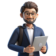 Smiling Businessman Holding Tablet 3D Illustration