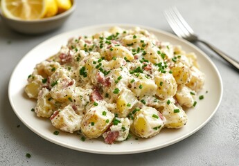 Creamy Potato Salad with Chives and Bacon Garnished with Fresh Lemon Wedges Served in a White Bowl on a Grey Background