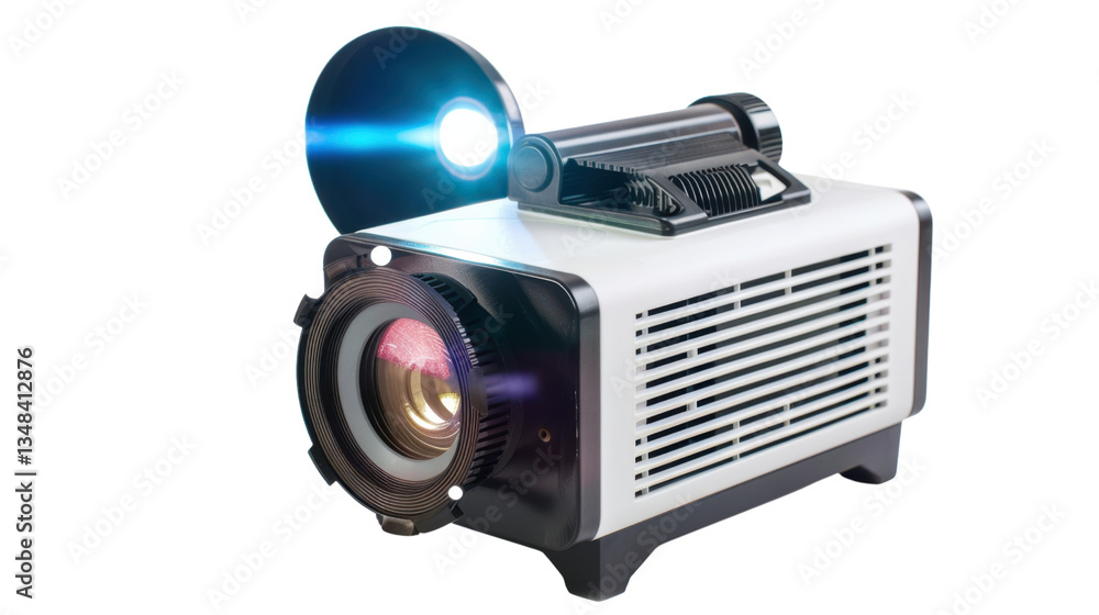 Poster modern portable projector with led lamp shining bright light on transparent background