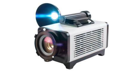 Modern portable projector with led lamp shining bright light on transparent background