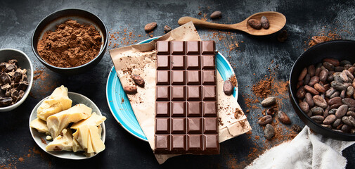 Cacao beans, powder, cacao butter and chocolate bar.