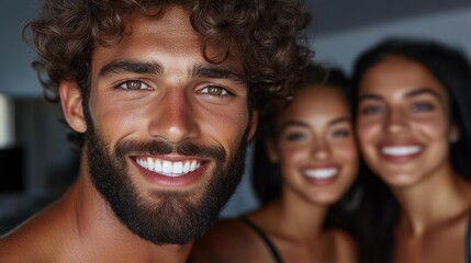 Fototapeta premium Friendly group portrait. Close-up of three smiling people
