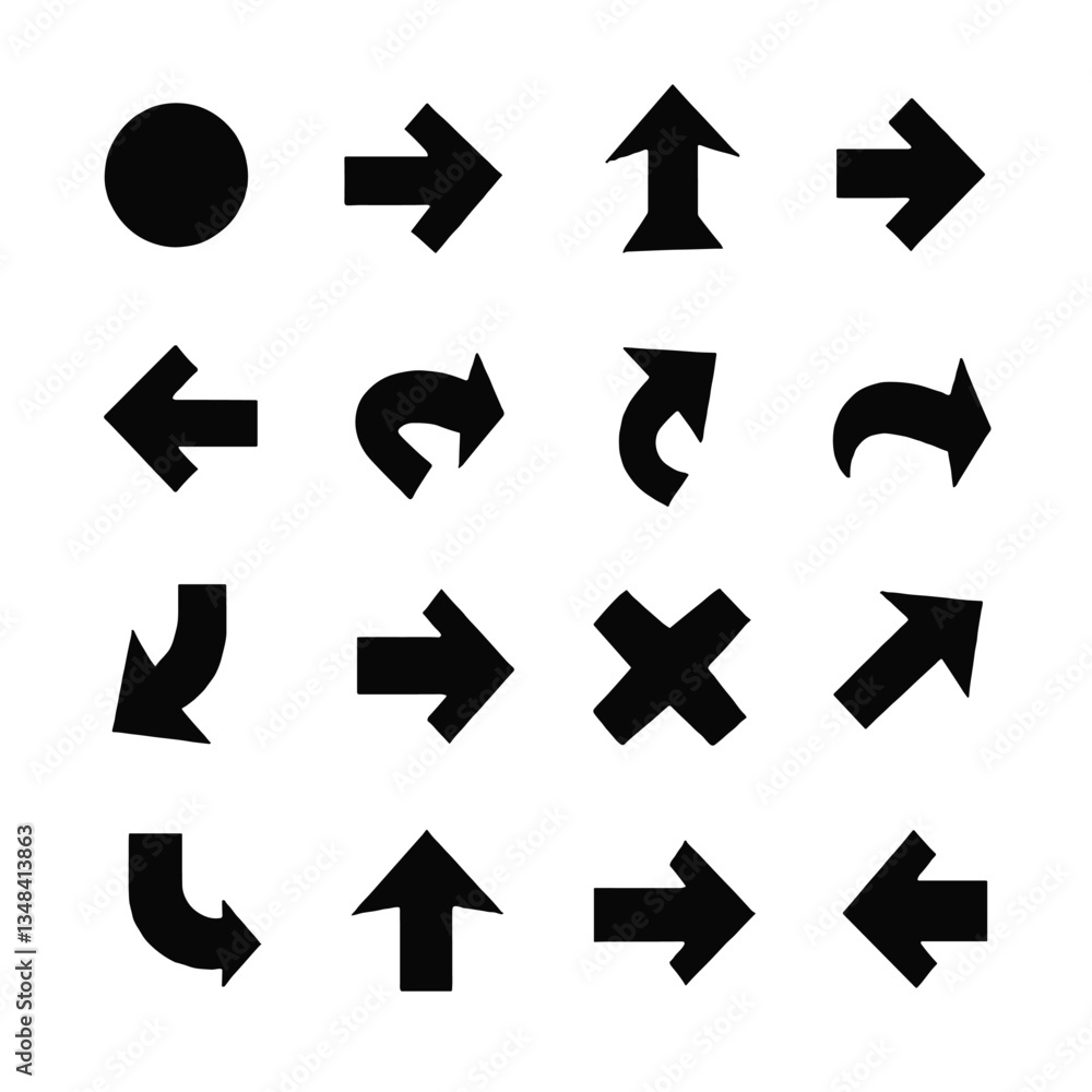 Poster collection of sixteen different arrow icons pointing in various directions, along with a circle and 