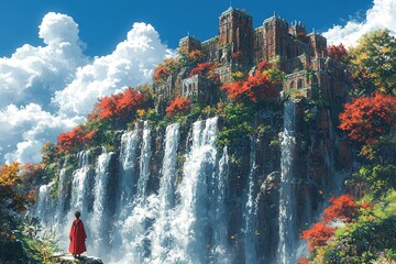 Waterfall cascade from palace cliff, autumn leaves, figure in red, blue skies
