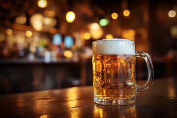 Close-up of frothy beer mug on wooden table in cozy dimly-lit pub. Warm ambiance of bar enhances inviting look of refreshing beverage