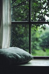 Leaning against a window, watching the rain fall softly outside. The gentle rhythm invites peaceful reflection and renewal