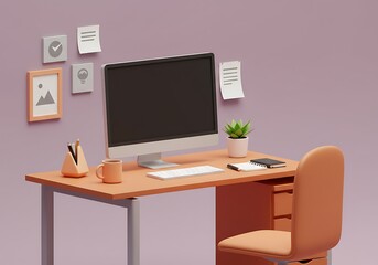 3D Office Workspace: A stylish 3D office with a desk, a modern computer, a coffee mug, a small plant, and a notebook