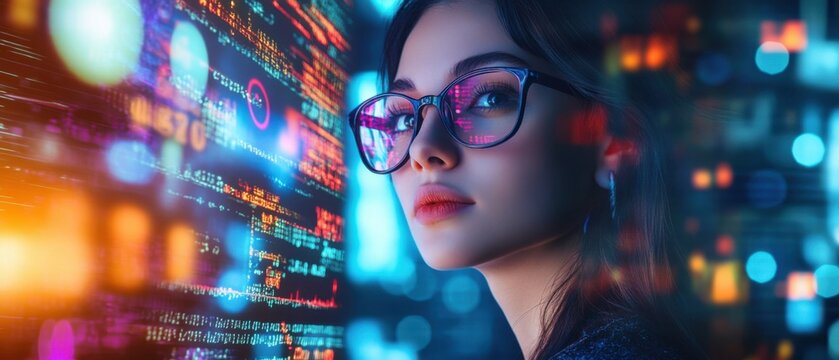 Focused young adult woman with glasses analyzing data on a digital screen in a futuristic, hightech environment, showcasing technology and innovation