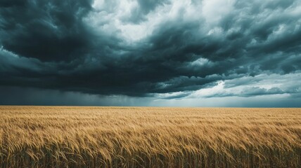 Dramatic 3D render of a dark storm rolling over open farmland as a lone farmer rushes to harvest the field, capturing tension, urgency, and the power of nature against human effort.
