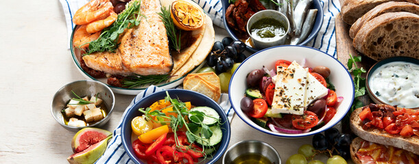 Mediterranean theme food table scene.