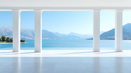 Fototapeta premium Classical Architectural Columns Framing Scenic Coastal View of Blue Sea and Distant Mountains under Clear Sky