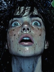 Wide eyed with wet skin, a person stares upward, appearing startled or shocked