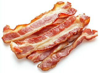 Obraz premium Crisp and Juicy Slices of Cooked Bacon on White Background for Culinary and Food Photography Projects