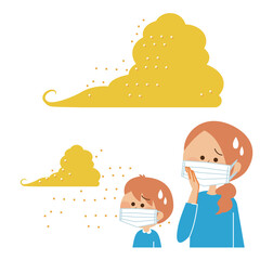 黄砂・PM2.5 花粉・大気汚染・マスクをした人物のイメージイラスト
