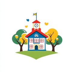 Charming Cartoon Schoolhouse Illustration with Trees, Hearts, and Bright Colors for Educational or Creative Projects