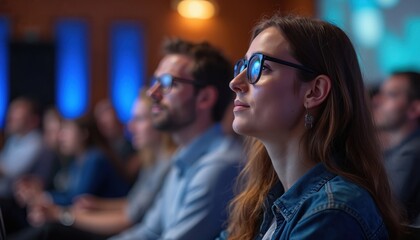 Attendees at tech conference presentation. People engaged listening speaker. Audience interaction, learning technology innovation. Digital session, education, workshop, seminar. Sharing information,