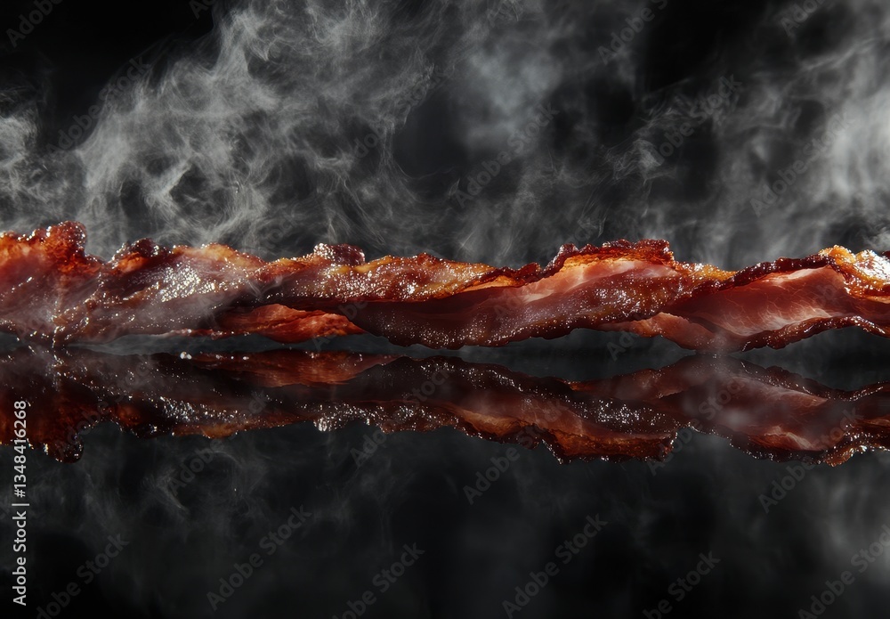 Poster crispy and delicious bacon strip with steam on dark background reflecting on surface creating a temp