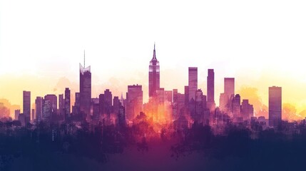 Fototapeta premium Majestic City Skyline at Sunset: A Watercolor Impression