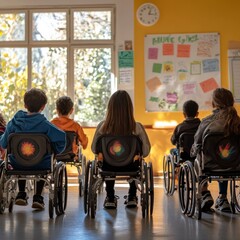 Obraz premium Inclusive Learning: Children in Wheelchairs Participate in Classroom Setting for an Engaging Educational Experience